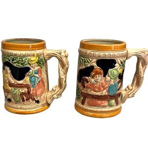 Pair Japanese Ceramic Beer Mug Steins German Style Relief Vintage Made in Japan